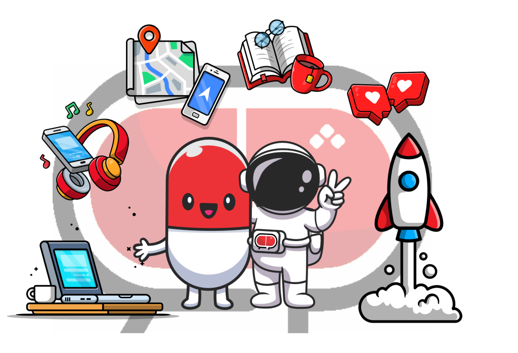 pílula abraçando astronauta junto de vários ícones que representam os serviços prestados pela RedPillMkt